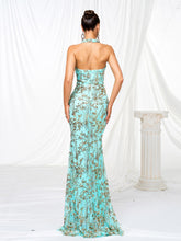Halter Backless Floral Sequin Prom Dress